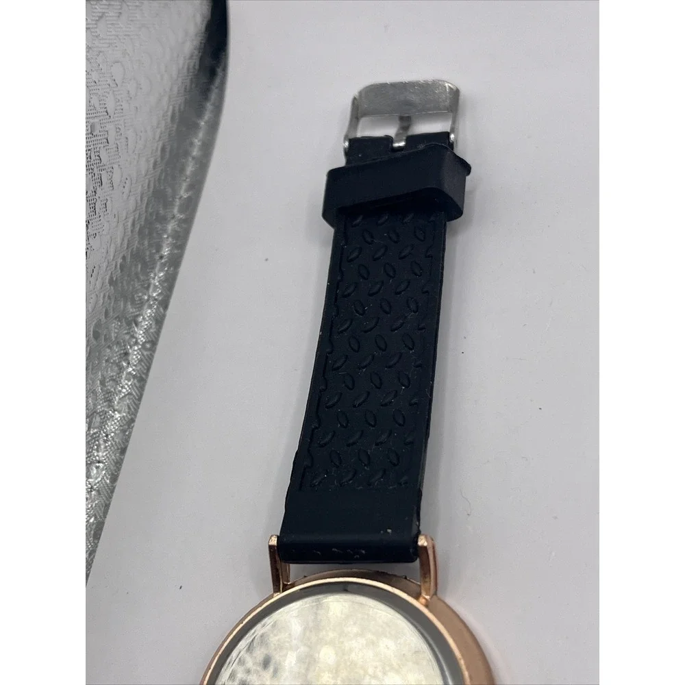 Unisex Quartz Watch Rose Gold‎ 39mm Case Black Silicone Band- New Battery